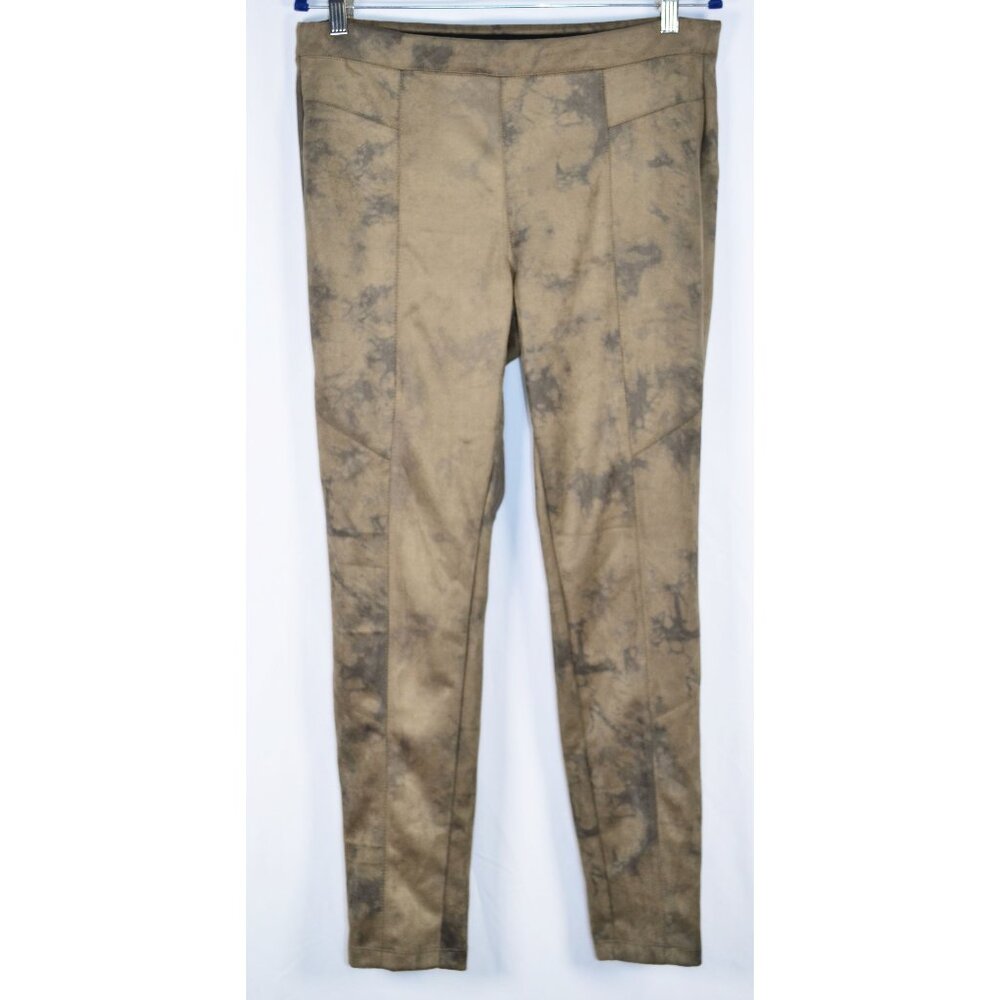 T Tahari Faux Suede Vegan Leather Pull On Ankle Pants Leggings Green/Black Sz L